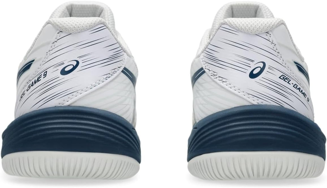 1044A052-104 Asics Juniors Gel-Game 9 GS Tennis Shoes (White/Mako Blue)