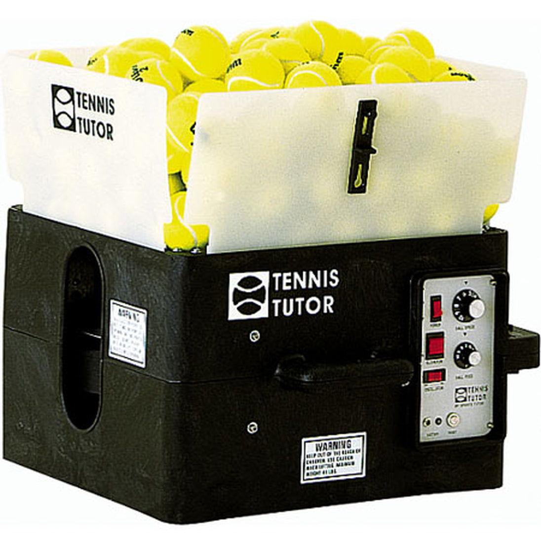 Tennis Tutor machine with a container of tennis balls on a white background