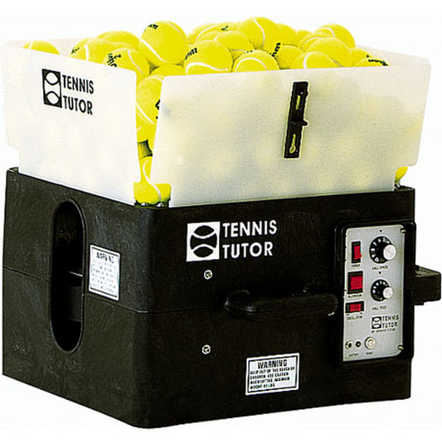 Tennis Tutor machine with a container of tennis balls on a white background