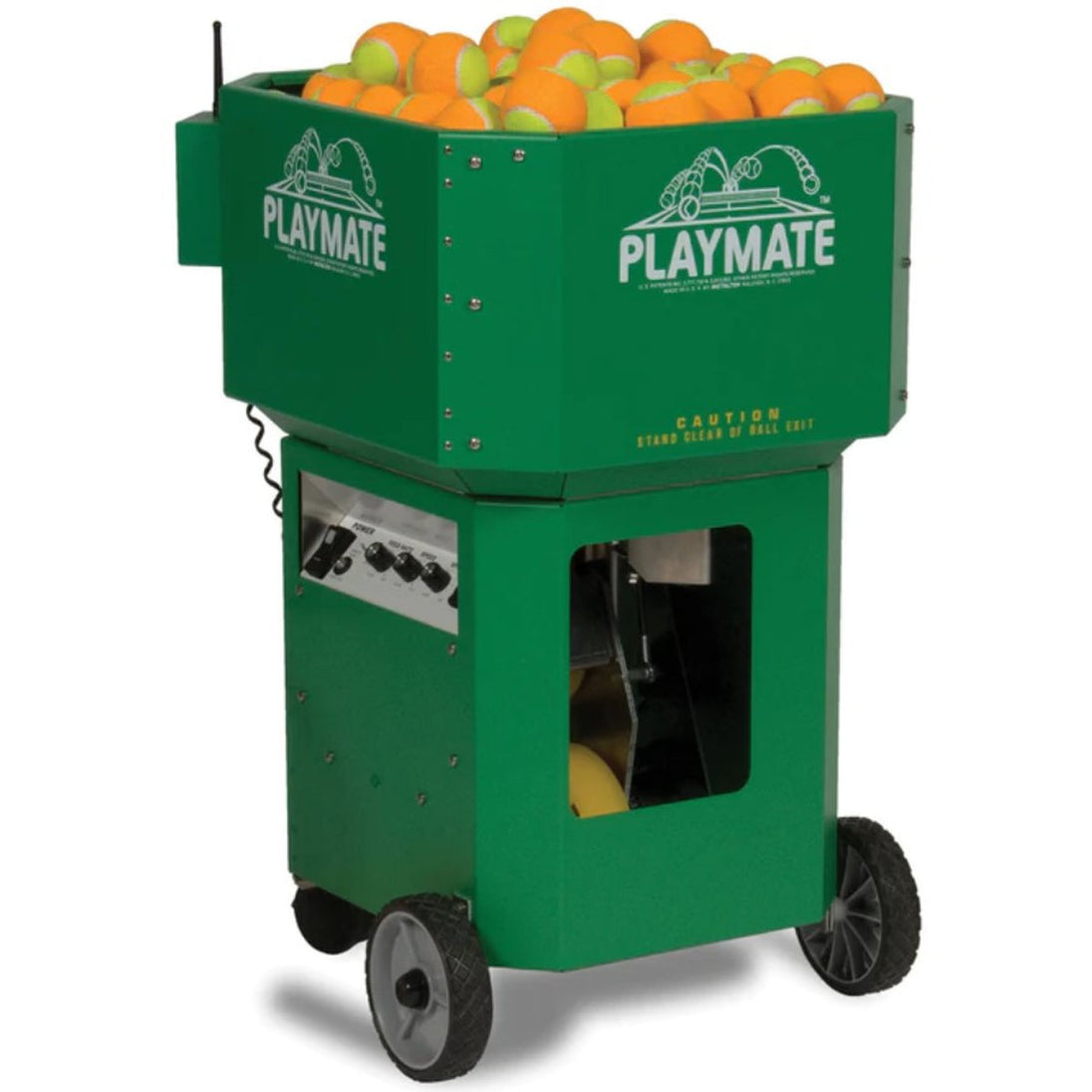 A green Playmate brand ball machine cart filled with orange and yellow balls, shown on a white background.