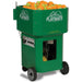 A green Playmate brand ball machine cart filled with orange and yellow balls, shown on a white background.