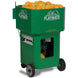 A green Playmate brand ball machine cart filled with orange and yellow balls, shown on a white background.