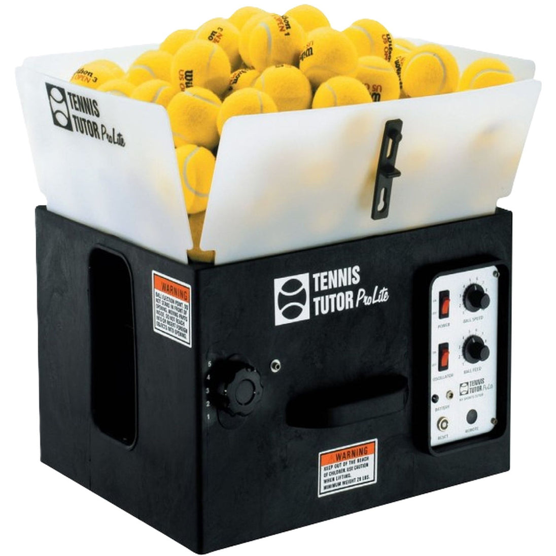 Tennis ball machine with a container full of yellow tennis balls on a white background