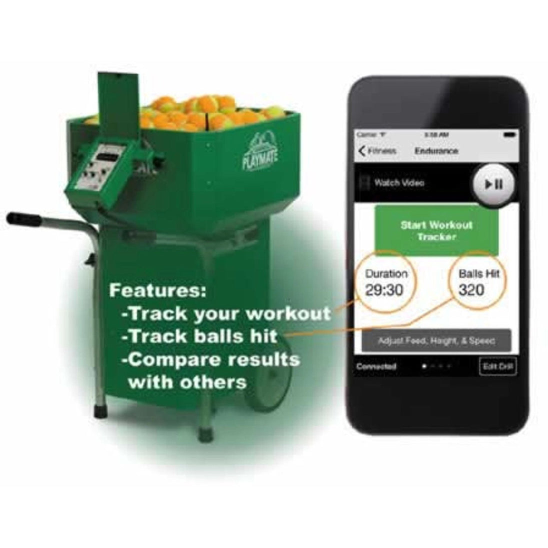 Green ball machine with ball container and smartphone displaying workout tracking app on a white background