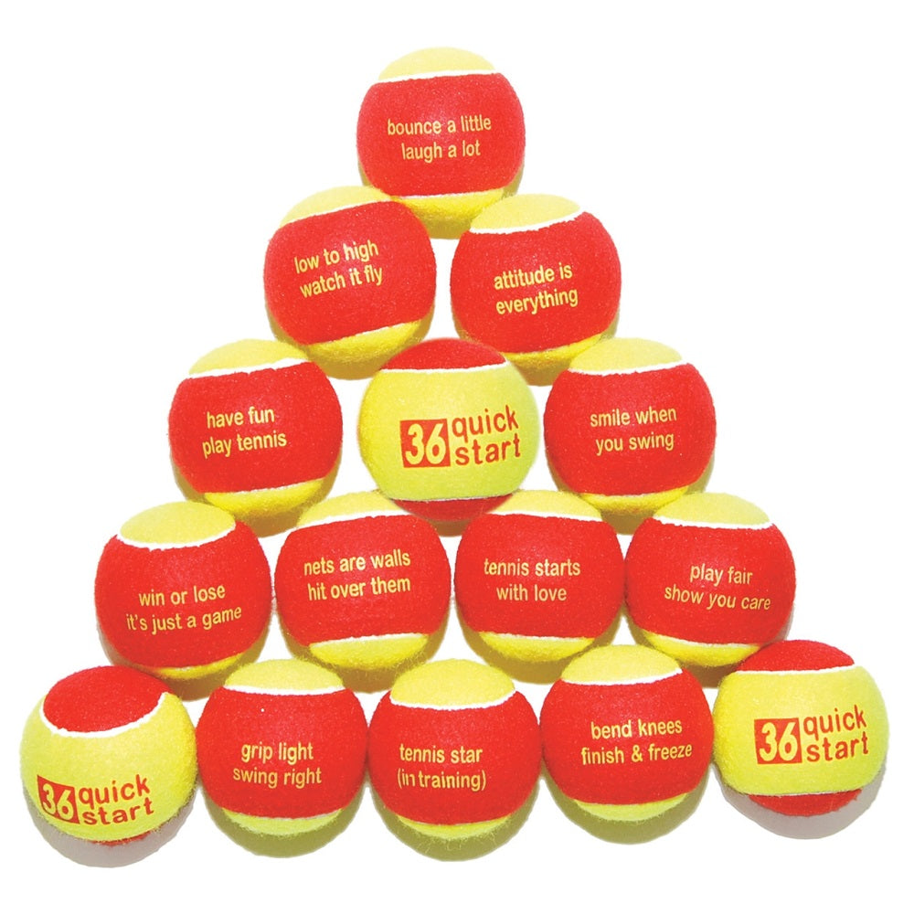 BQ3624 QuickStart 36 Red Felt Tennis Training Balls with Slogans
