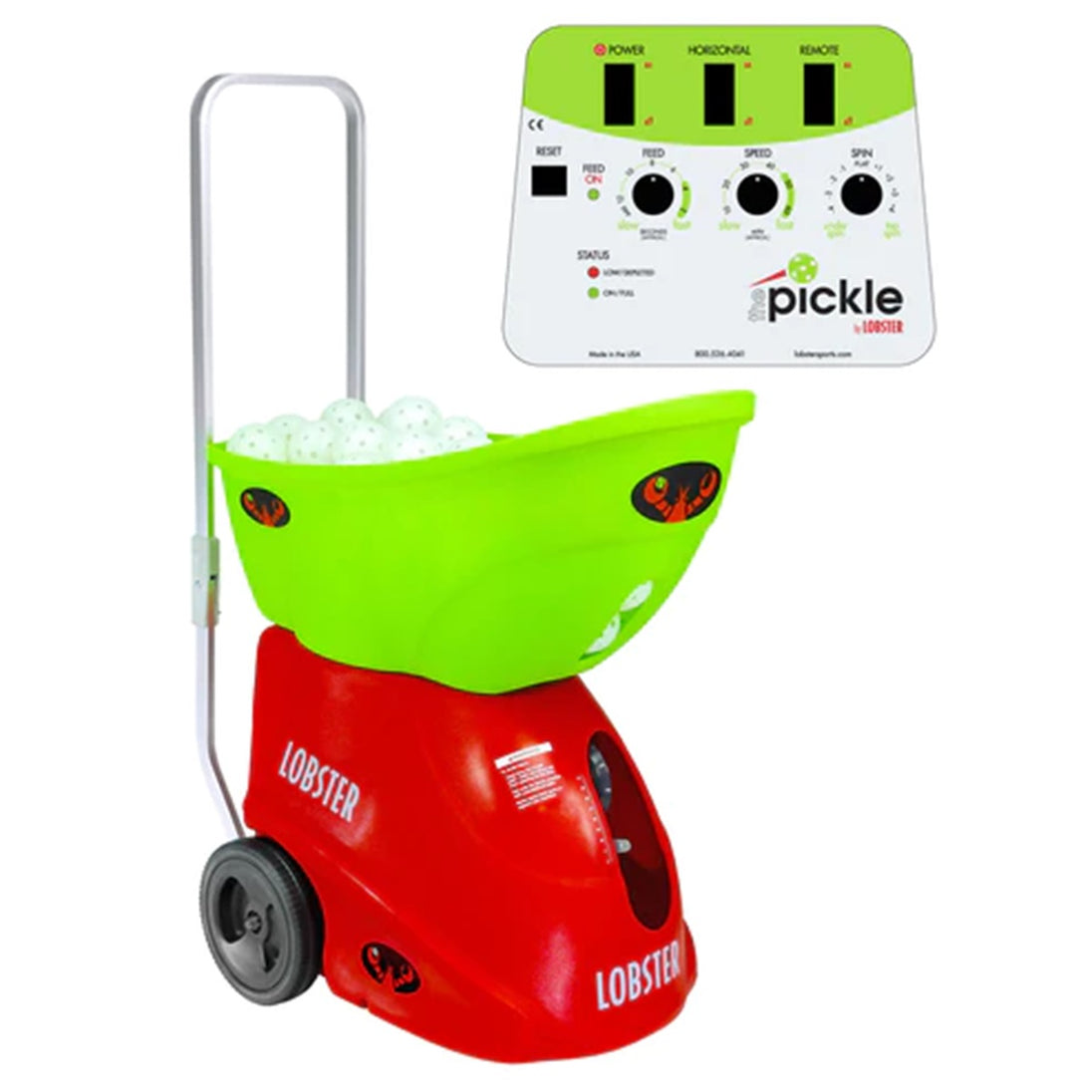 Red and green pickleball machine with control panel on a white background