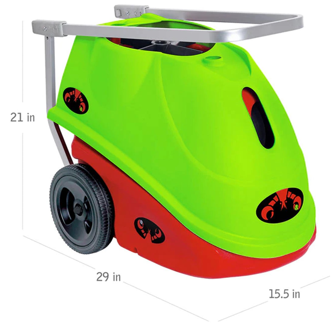 Green and red machine base with dimensions indicated on a white background