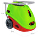 Green and red machine base with dimensions indicated on a white background