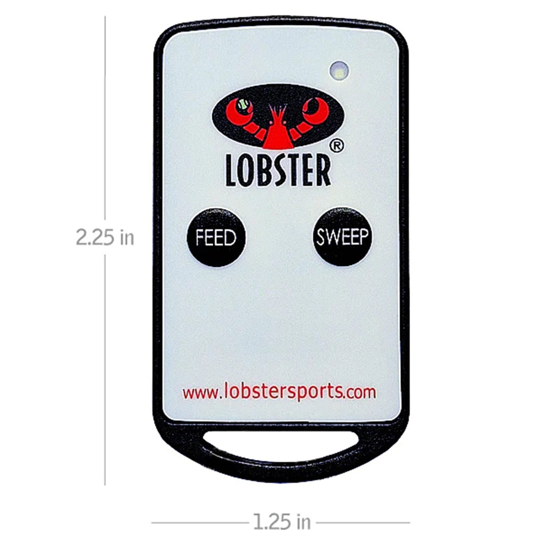 Remote control with buttons for feed and sweep on a white background
