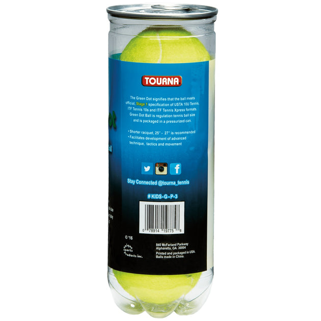 KIDS-G-P-3-4 Tourna Youth Green Dot Tennis Balls - Cans  (12 Balls)