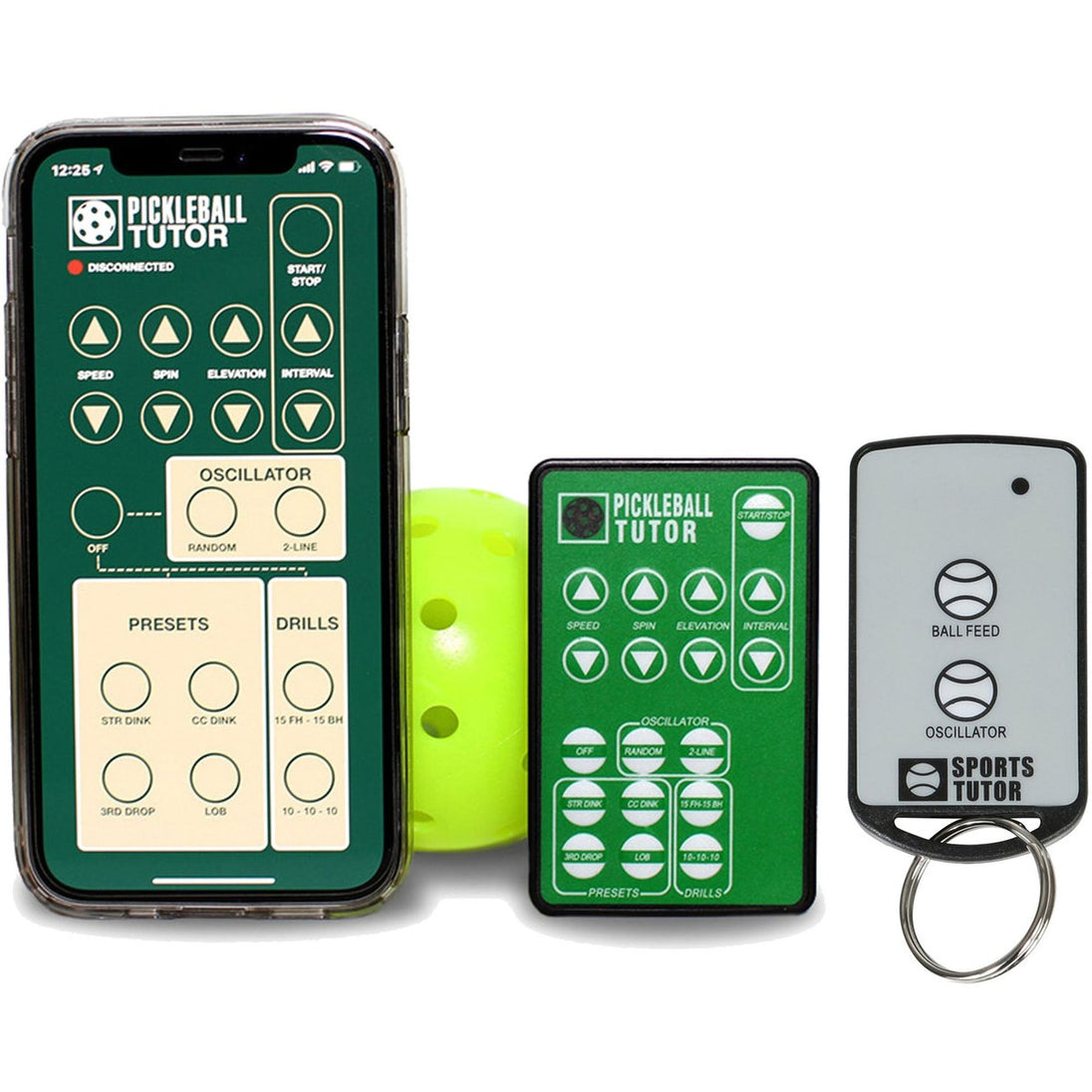 Phone case, remote control, and keychain with Pickleball Tutor branding on a white background