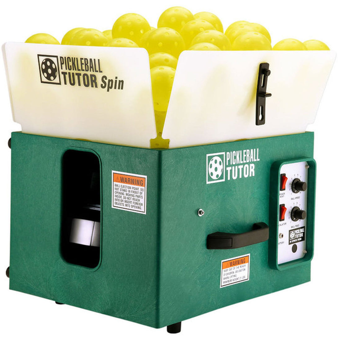 Pickleball Tutor machine with pickleballs on a white background