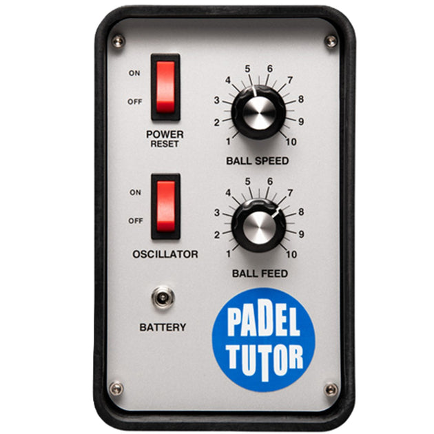 Control panel with knobs and switches labeled 'Ball Speed', 'Ball Feed', 'Power Reset', and 'Oscillator' with 'PaDel Tutor' branding on a white background.