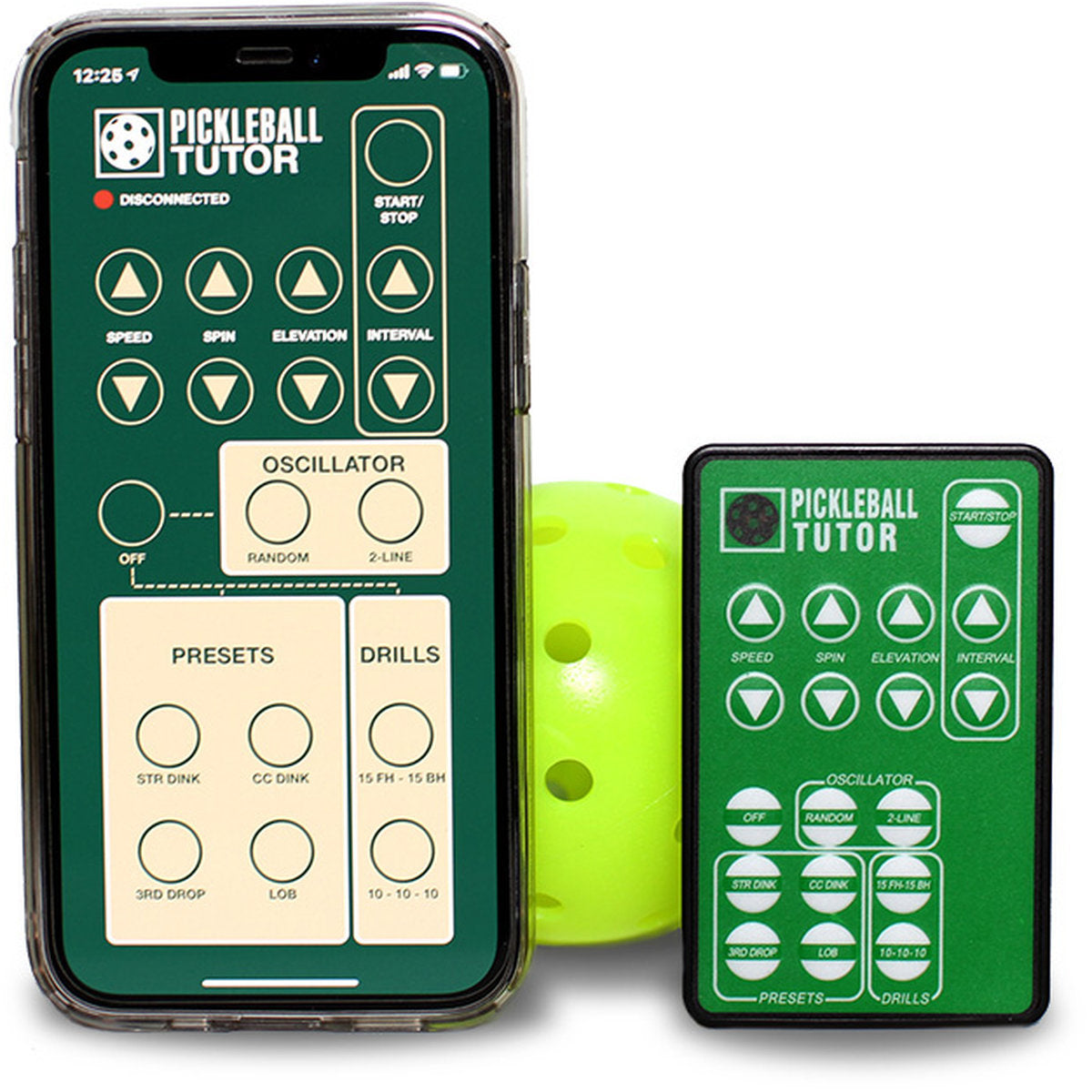 Smartphone and remote control with Pickleball Tutor app interface on a white background