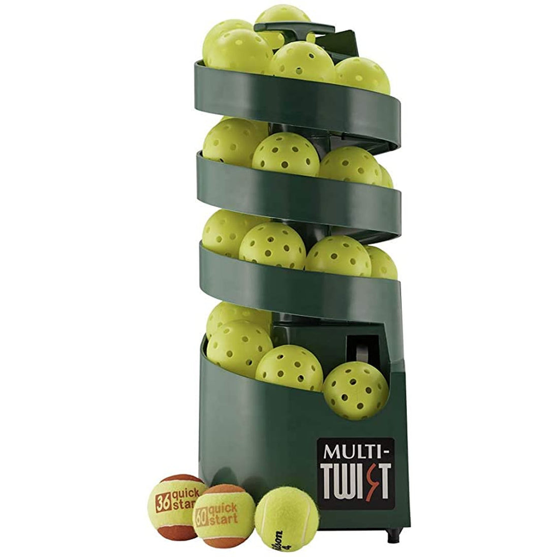 Green pickleball machine with multiple tennis balls on a white background