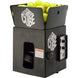 Ball machine with tennis balls inside on a white background