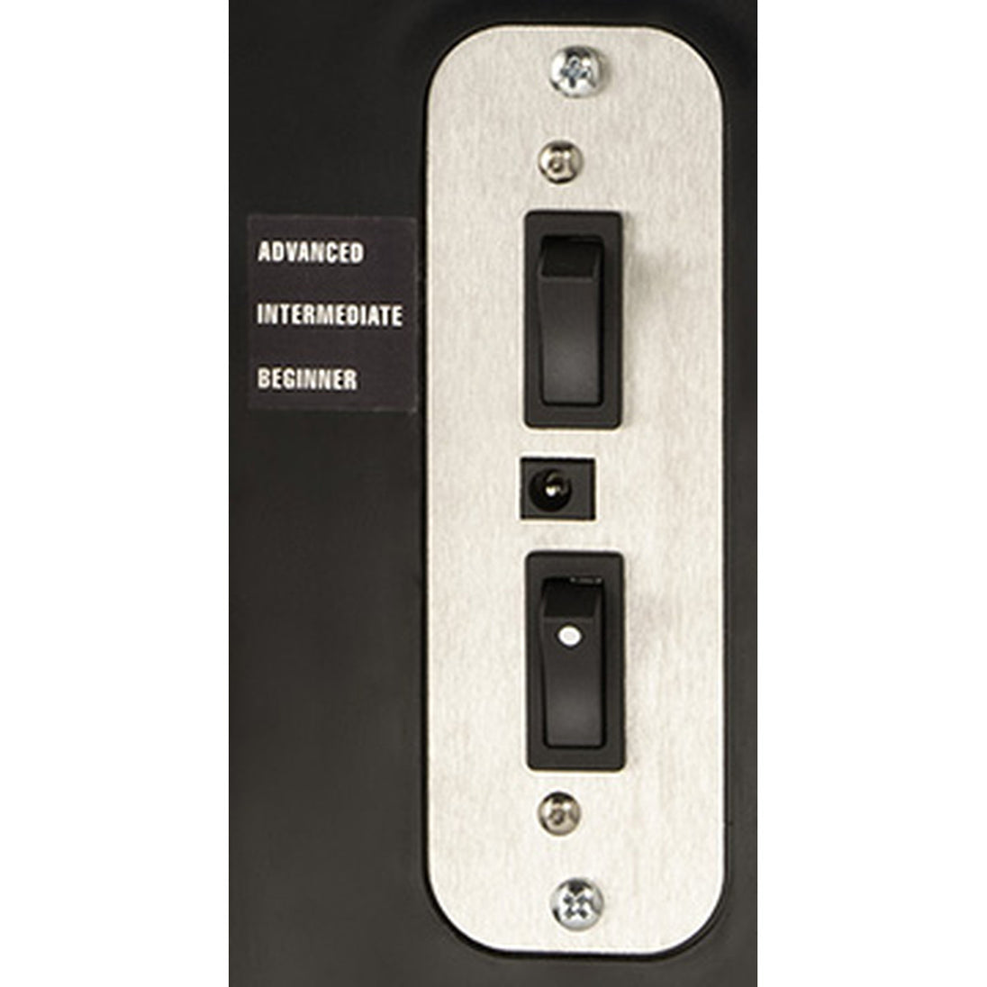 Control panel with three toggle switches labeled 'Advanced', 'Intermediate', and 'Beginner' on a black background.