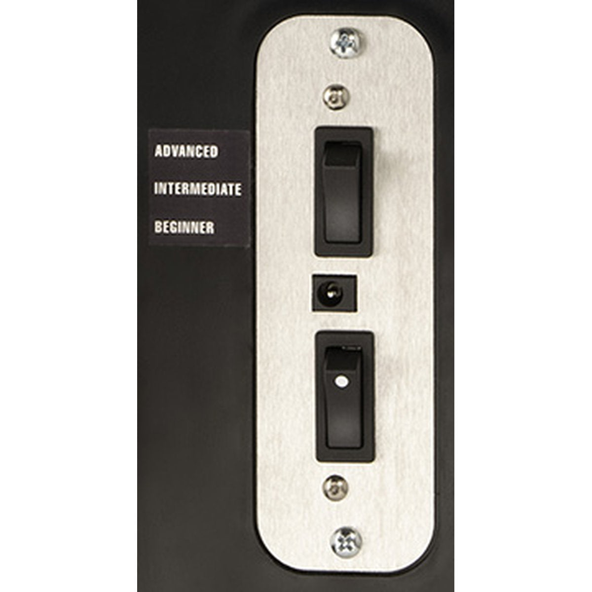 Control panel with three toggle switches labeled 'Advanced', 'Intermediate', and 'Beginner' on a black background.