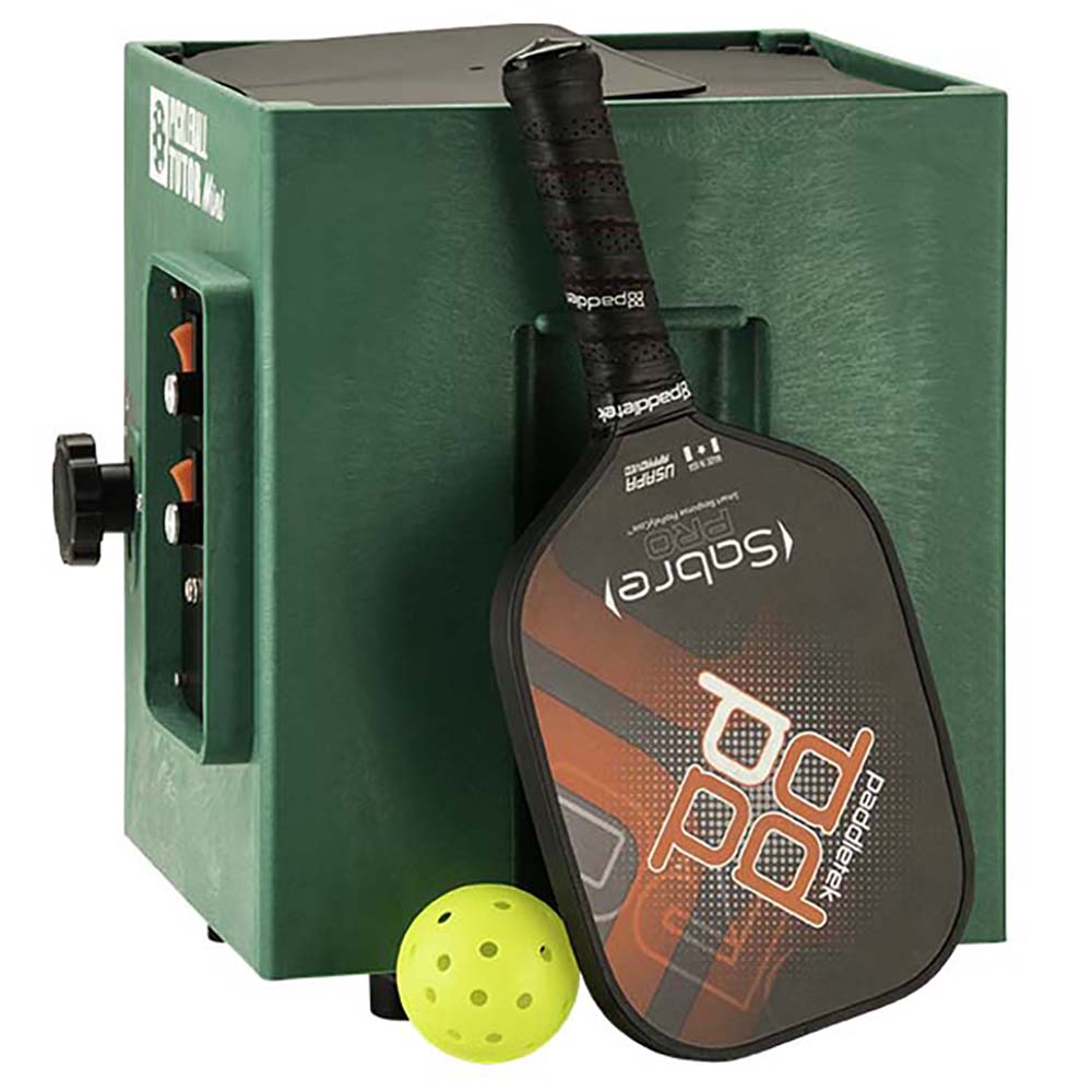 Pickleball paddle and ball with a paddle machine on a white background