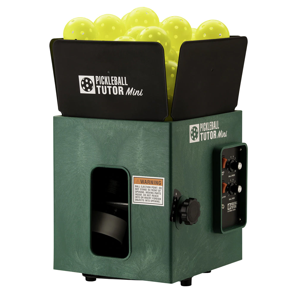 A green and black pickleball machine filled with yellow pickleballs.