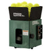 A green and black pickleball machine filled with yellow pickleballs.