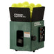 A green and black pickleball machine filled with yellow pickleballs.