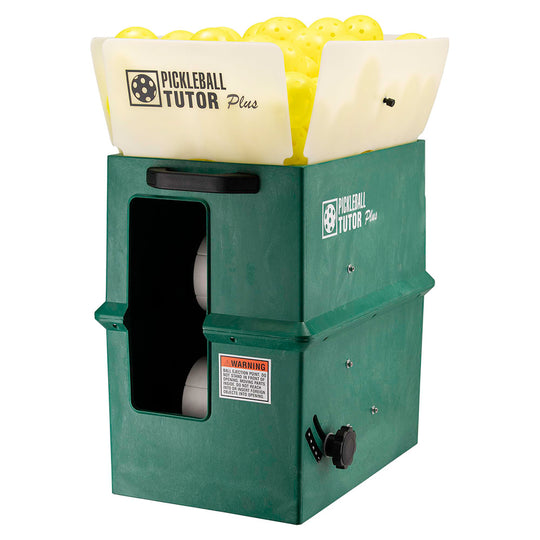 Pickleball Tutor Plus machine with pickleballs on a white background. 