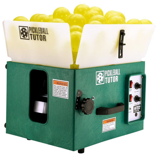 Pickleball Tutor machine with yellow balls on a white background