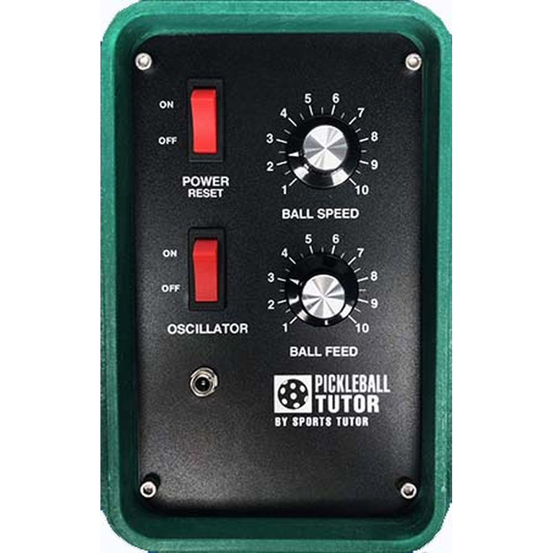 Control panel of a pickleball machine with switches and dials, branded as Pickleball Tutor by Sports Tutor.