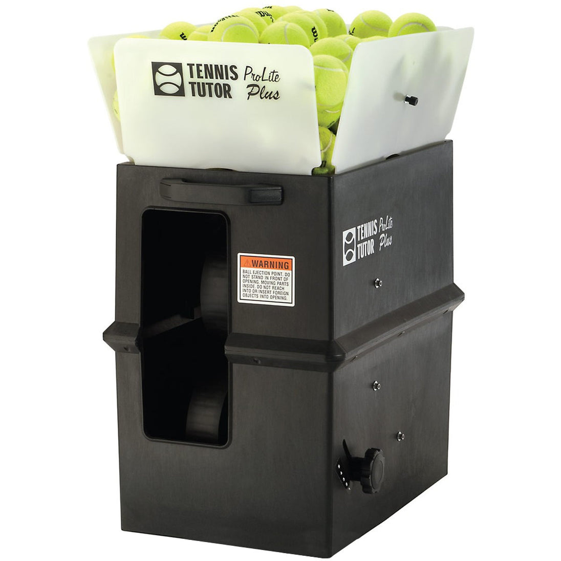 Tennis ball machine and a container of tennis balls.