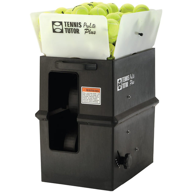Tennis ball machine and a container of tennis balls.