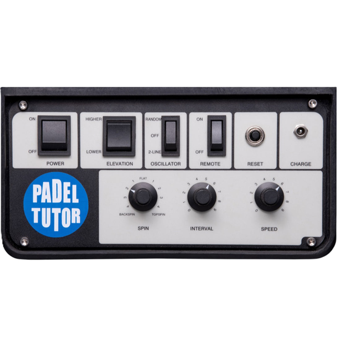Control panel with various buttons and knobs labeled, featuring the 'PADEL TUTOR' brand.