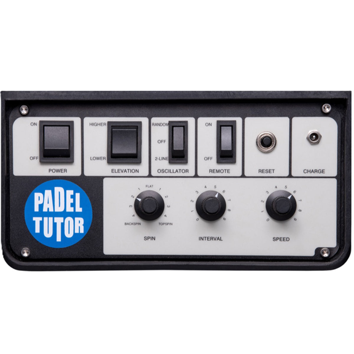Control panel with various buttons and knobs labeled, featuring the 'PADEL TUTOR' brand.