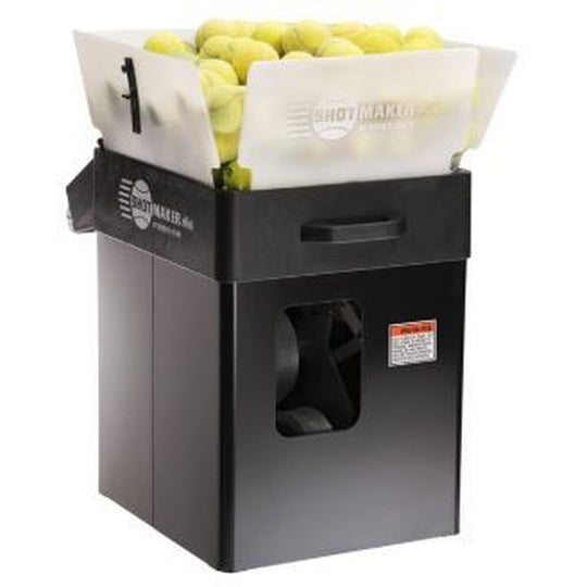 Tennis ball machine with tennis balls inside on a white background