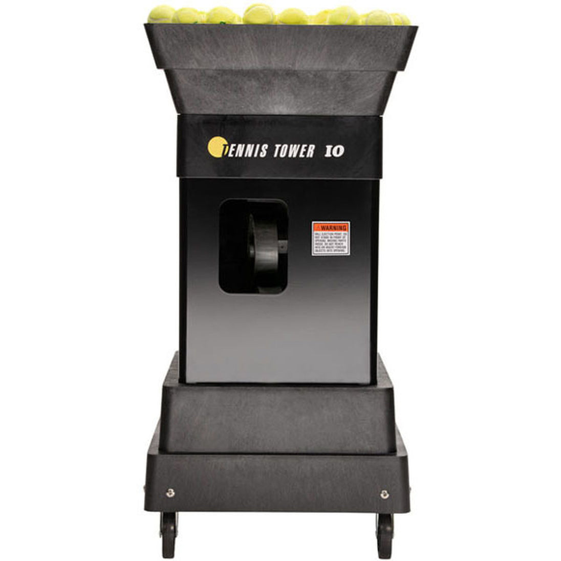 Tennis ball machine with yellow balls on a white background