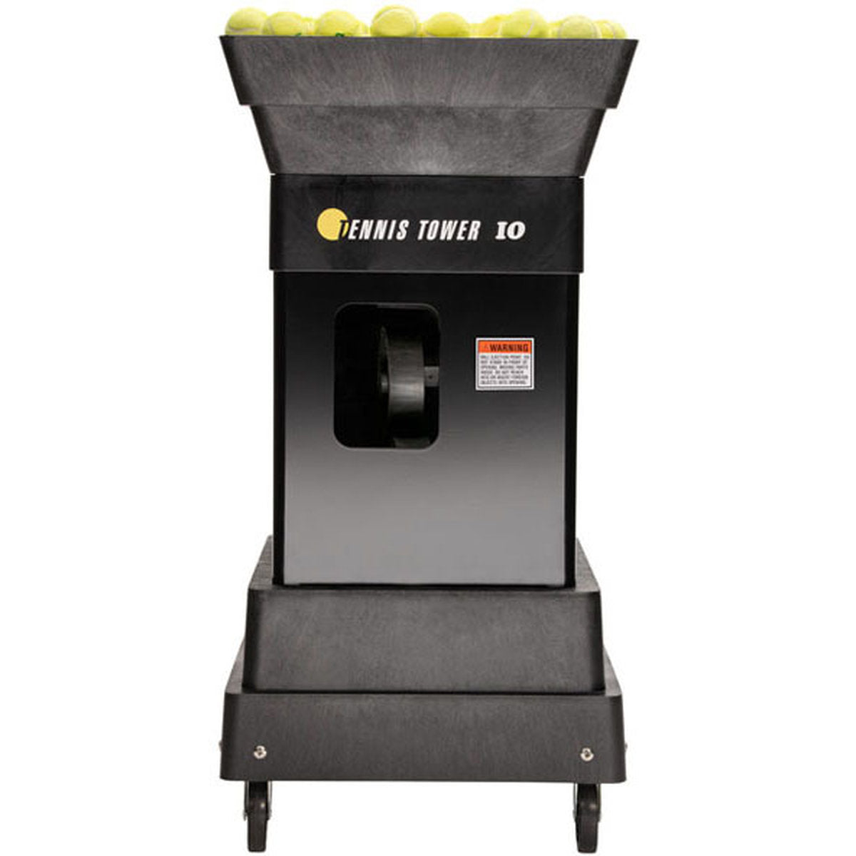 Tennis ball machine with yellow balls on a white background