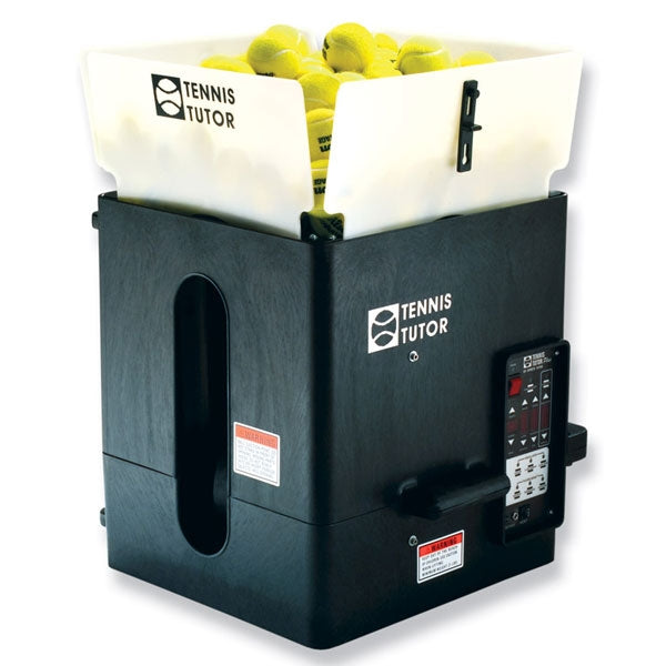 Ball machine with tennis balls on a white background