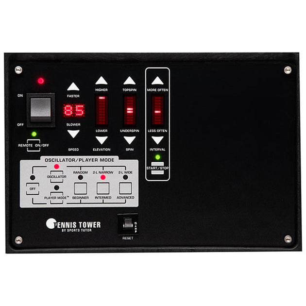 Control panel for a tennis machine with various buttons and indicators on a black background