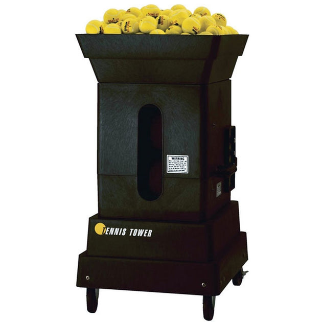Tennis ball machine with a container of yellow tennis balls on a white background.