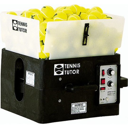 Ball machine with tennis balls in a container on a white background