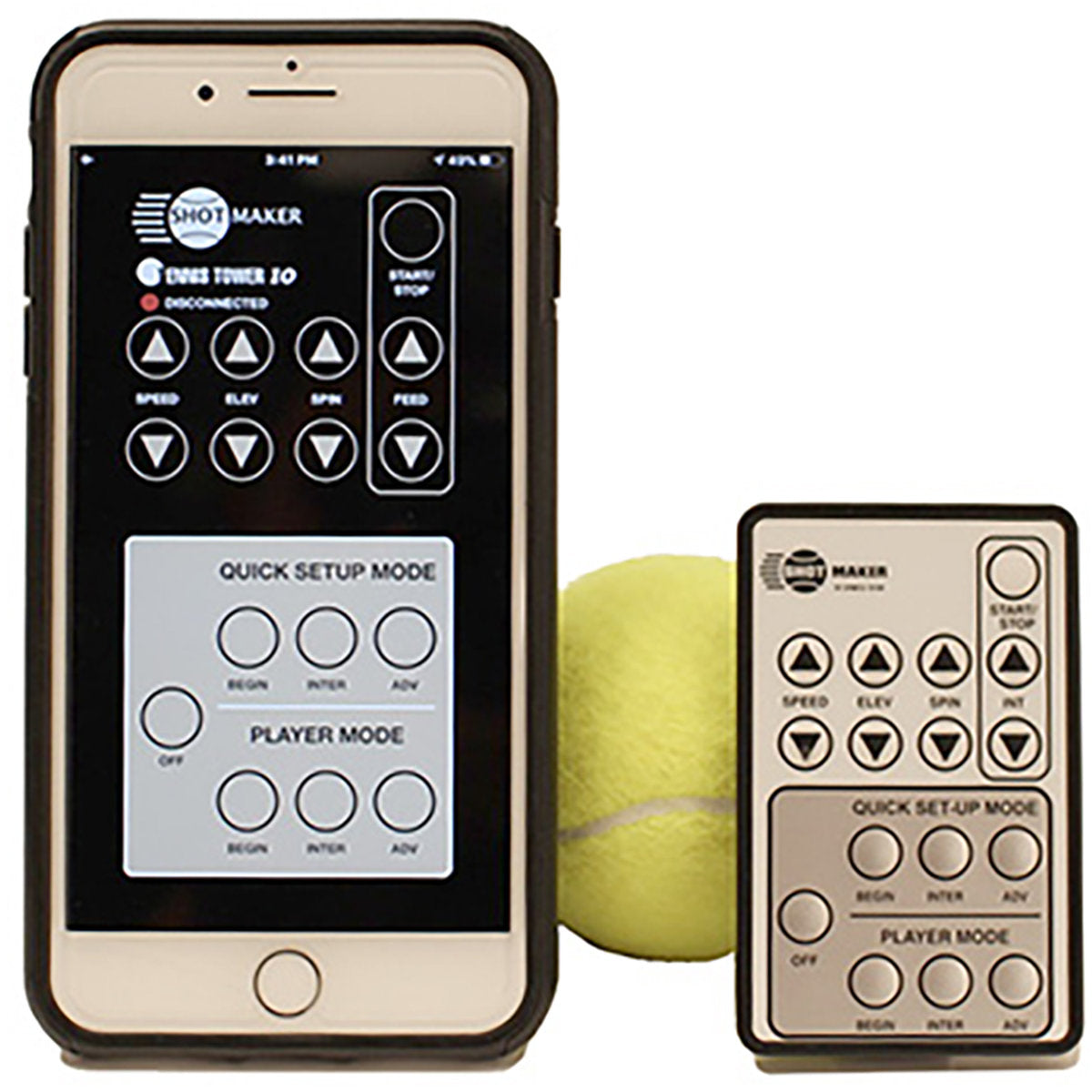 Phone with remote control app interface, tennis ball, and remote control on a white background