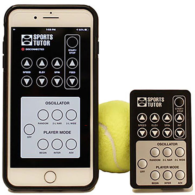 Phone with app interface and remote control next to a tennis ball on a white background